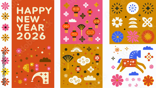 Happy new year 2026 chinese zodiac horse lanterns and flowers