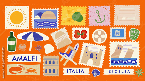 Collection of italian themed stamps featuring amalfi and sicily