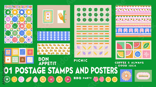 Collection of colorful graphic posters and postage stamp designs