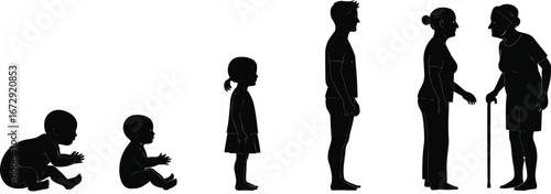 Silhouette of human life stages, baby child adult and elderly growing, aging process illustration, people evolution concept, family generation vector