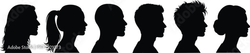 Silhouette of man and woman head profiles, hairstyle variations, ponytail, bun, bald, short hair, side view, vector illustration