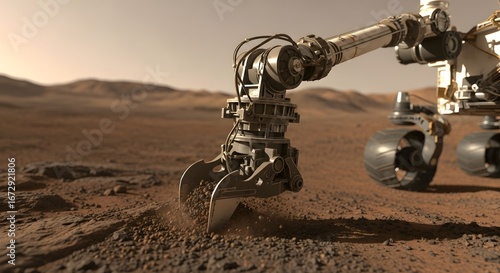 Mars rover collecting soil sample on the red planet's surface with its robotic arm and wheels visible