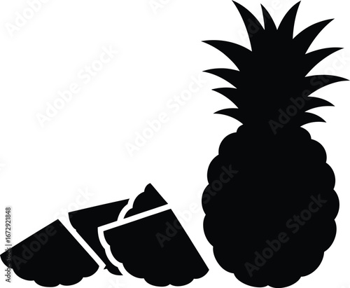 Black silhouette of a whole pineapple and sliced pineapple pieces