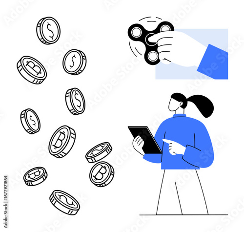 Falling crypto coins, hand with fidget spinner, woman analyzing data on tablet. Ideal for fintech, blockchain, decision-making, cryptocurrency, innovation, modern solutions simple landing page