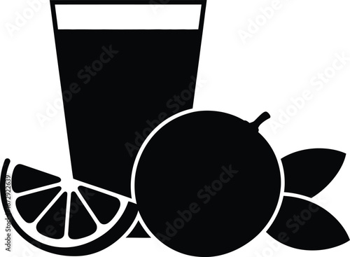 Simple silhouette of a tall glass of dark juice with a whole fruit and citrus slice