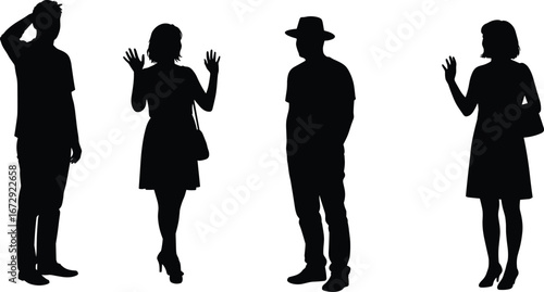 Silhouette of man and woman standing, waving hands, wearing hat, carrying bag, communication gesture, vector illustration of people greeting