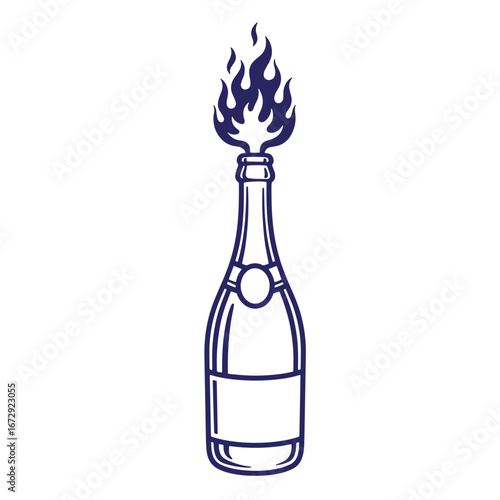 Stylized champagne bottle with flames emanating from the bottle neck symbolizing celebration