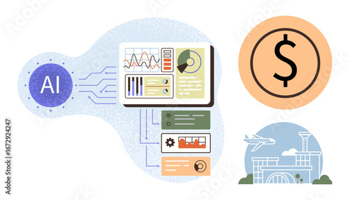 AI-driven dashboard analyzing data, financial trends, and progress charts. Ideal for AI, technology, automation, finance, data visualization, logistics futuristic innovation as a simple flat
