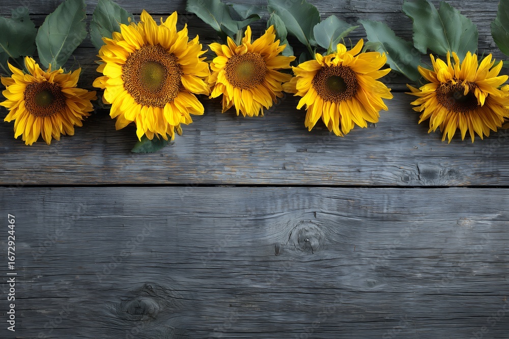 Obraz premium Top view of five bright sunflowers with green leaves lying on rustic grey wooden surface, concept for summer banner, agricultural background and seasonal decoration