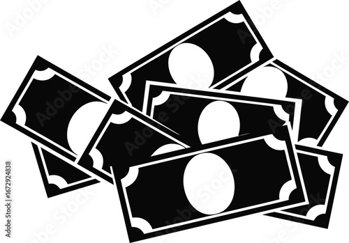 Pile of black and white stylized banknotes or currency bills