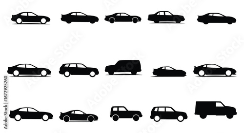 Collection of various car silhouettes in different shapes and sizes