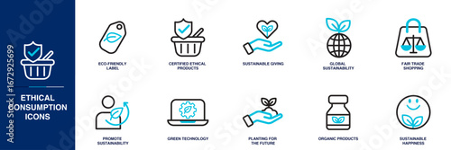 Ethical Consumption Blue Colored Outline Icon Set