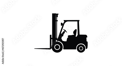 A black silhouette of a forklift on a white background