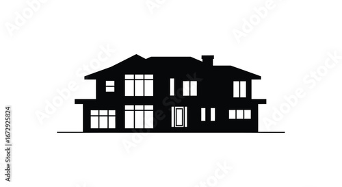 A black silhouette of a two story house with windows and a chimney