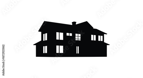 A black silhouette of a two story house with a chimney