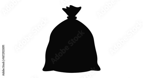A black silhouette of a tied trash bag on a white background