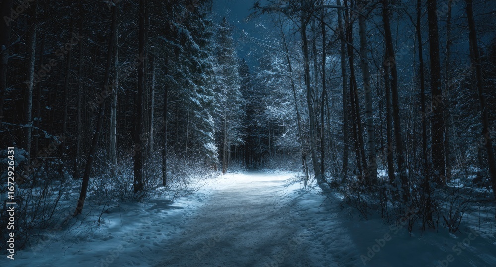Obraz premium Snowy winter forest path at night