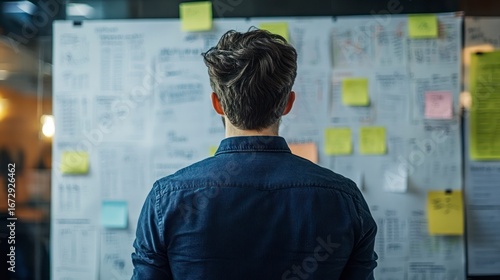 Man reviews project plans, analyzing notes and sticky notes on a large whiteboard.