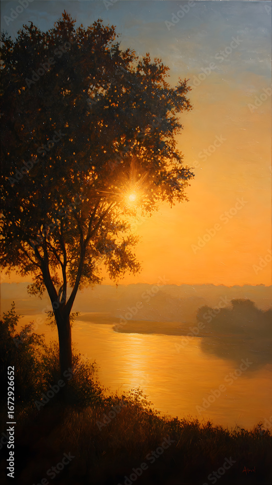 Fototapeta premium Golden Hour Serenity A Luminous Tree Silhouetted Against a River at Sunset Radiating Warmth and Tranquility through Nature's Artwork
