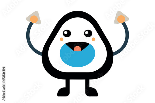 Cute cartoon onigiri character with arms raised on white background Keywords: onigiri, rice ball