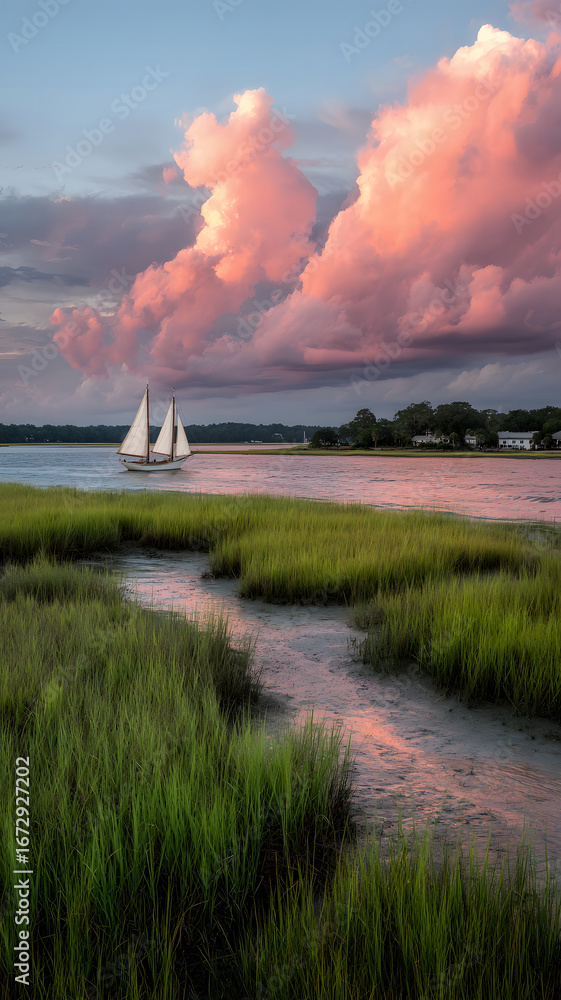 Fototapeta premium Coastal Serenity A Sailboat's Journey Under Pink Clouds Over Marsh and Stream