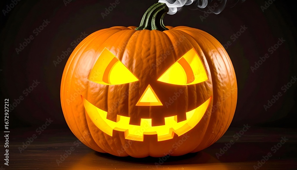 Fototapeta premium Illuminated Jack-o'-lantern on dark surface