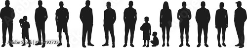 Silhouette of people family children adults standing group diverse human figures black outline crowd society illustration vector design