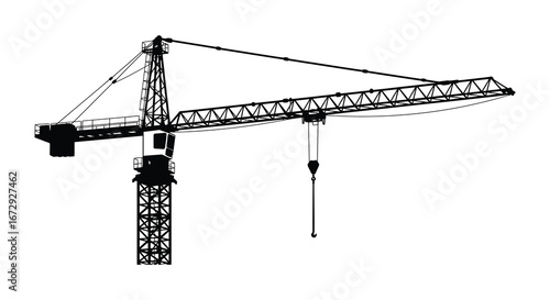 A black silhouette of a construction crane on a white background