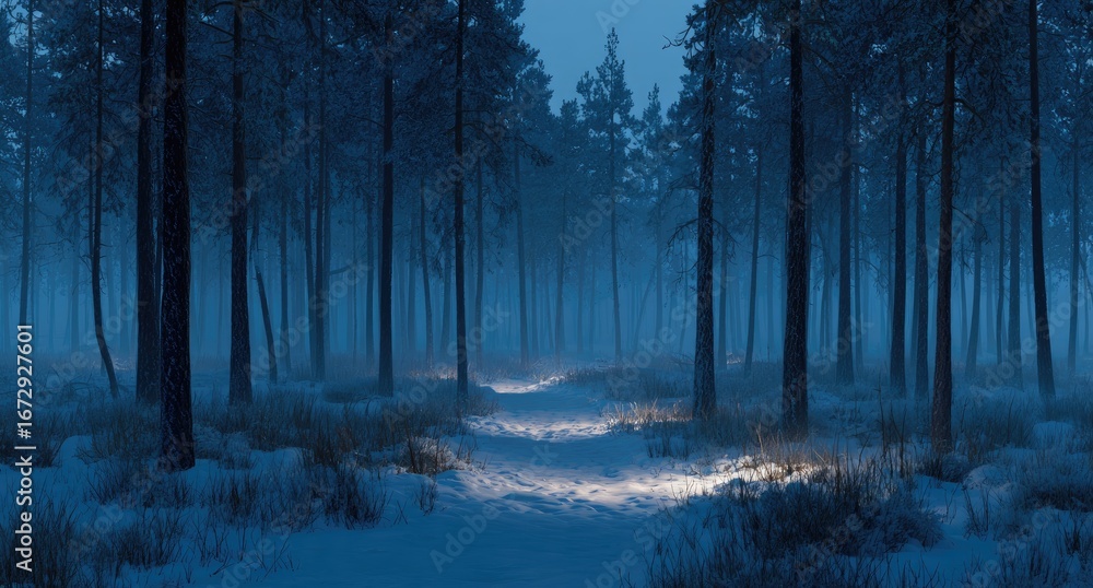 Naklejka premium Snowy winter forest at night (1)