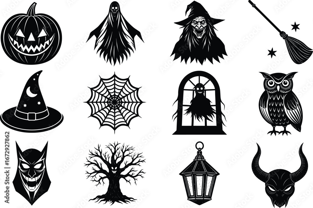 Fototapeta premium Collection of Halloween Spooky Vector Silhouette Elements with Witch Hat, Ghost, Skull, Owl, Haunted Tree and Lantern Clipart