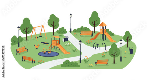 A colorful illustration of a children s playground in a park