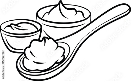 Hand drawn illustration of creamy sauces in bowls and on a spoon