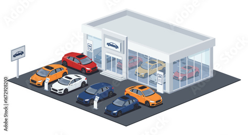 cars parked outside a modern car dealership building with showroom