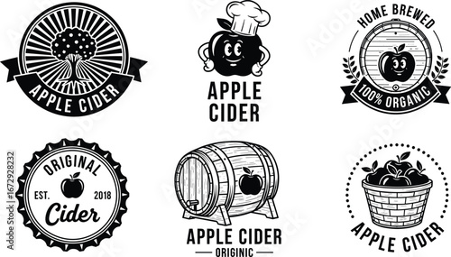 Set of six black and white apple cider logos, vintage vector style with apples, barrels, baskets for organic drink branding design