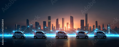 Rental car concept with transportation and fleet. Autonomous electric microcars in line against a futuristic smart city skyline at dusk