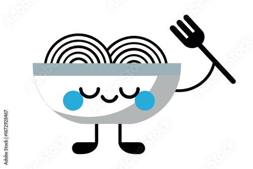 Cartoon bowl of noodles with happy face and fork pasta food