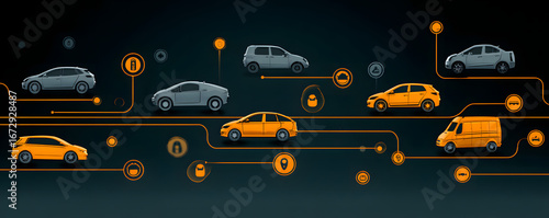 Rental car concept with transportation and fleet. Connected vehicle network illustration with security, data, and telematics icons