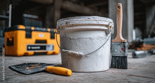 White paint bucket, brush, and tools on construction site floor