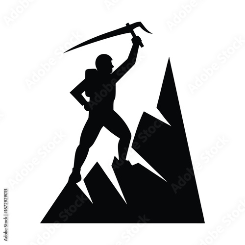Powerful Silhouette of Climber Conquering Mountain Peak on White Background