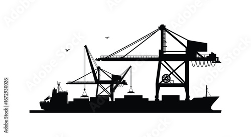 Black silhouette of cargo ship with cranes at dockside in port area