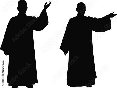 Silhouette of religious priest in robe with raised hands, spiritual leader, worship, faith, church ceremony, vector illustration, black silhouette