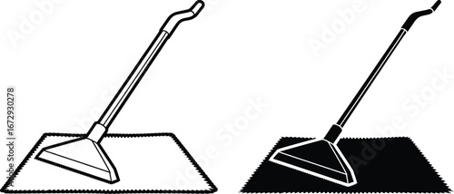 Two stylistic illustrations of a dustpan and brush set