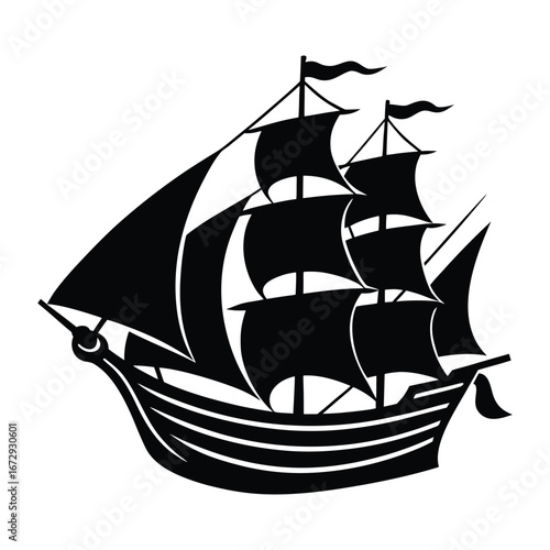 Majestic Silhouette of a Sailing Ship Black and White Vector Illustration on White Background