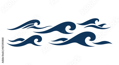 A group of navy blue wave graphics on a white background