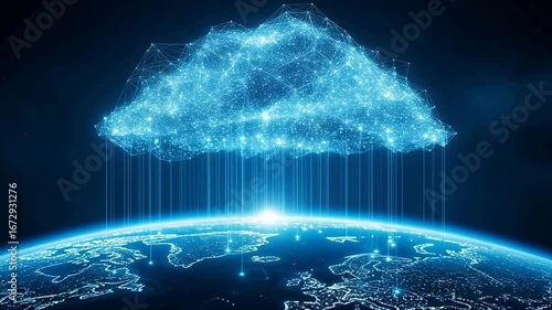 Dynamic cloud network connection over earth, symbolizing global data flow and advanced digital infrastructure, perfect for technology themes