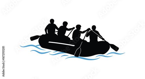 People in a raft on water with paddles