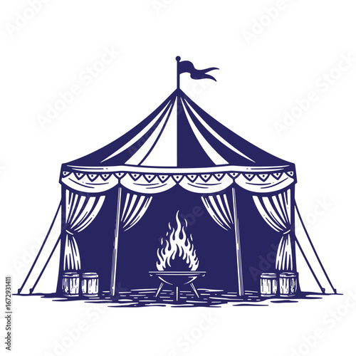 Vector illustration of a vintage circus tent with burning campfire and decorative elements