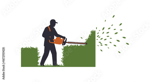 Man using a hedge trimmer to cut green hedges in a garden