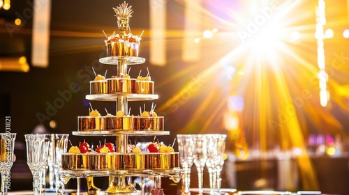 Elegant dessert tower at a luxurious event illuminated by warm golden lighting enhancing festive