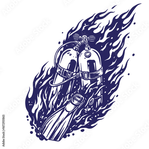 Vector illustration of diving gear engulfed in stylized blue flames on white background